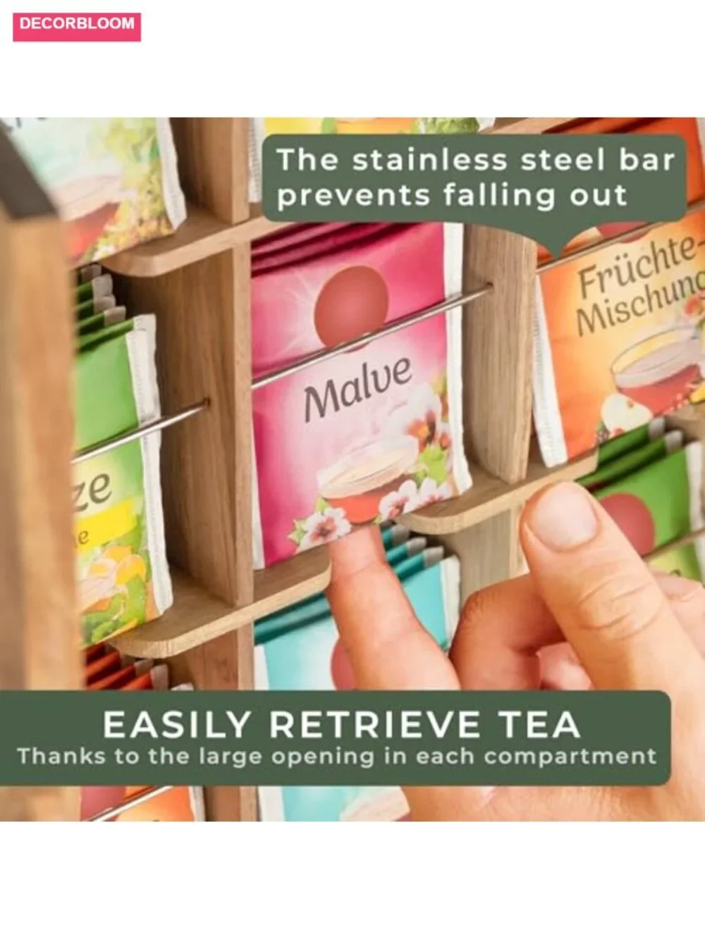 9-Compartment Solid Acacia Wood Tea Organizer Box with Wall Mount